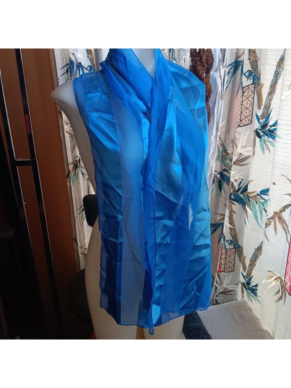 13x60 Vintage Blue Striped Sheer Polyester Scarf Lightweight Long Wrap Korea